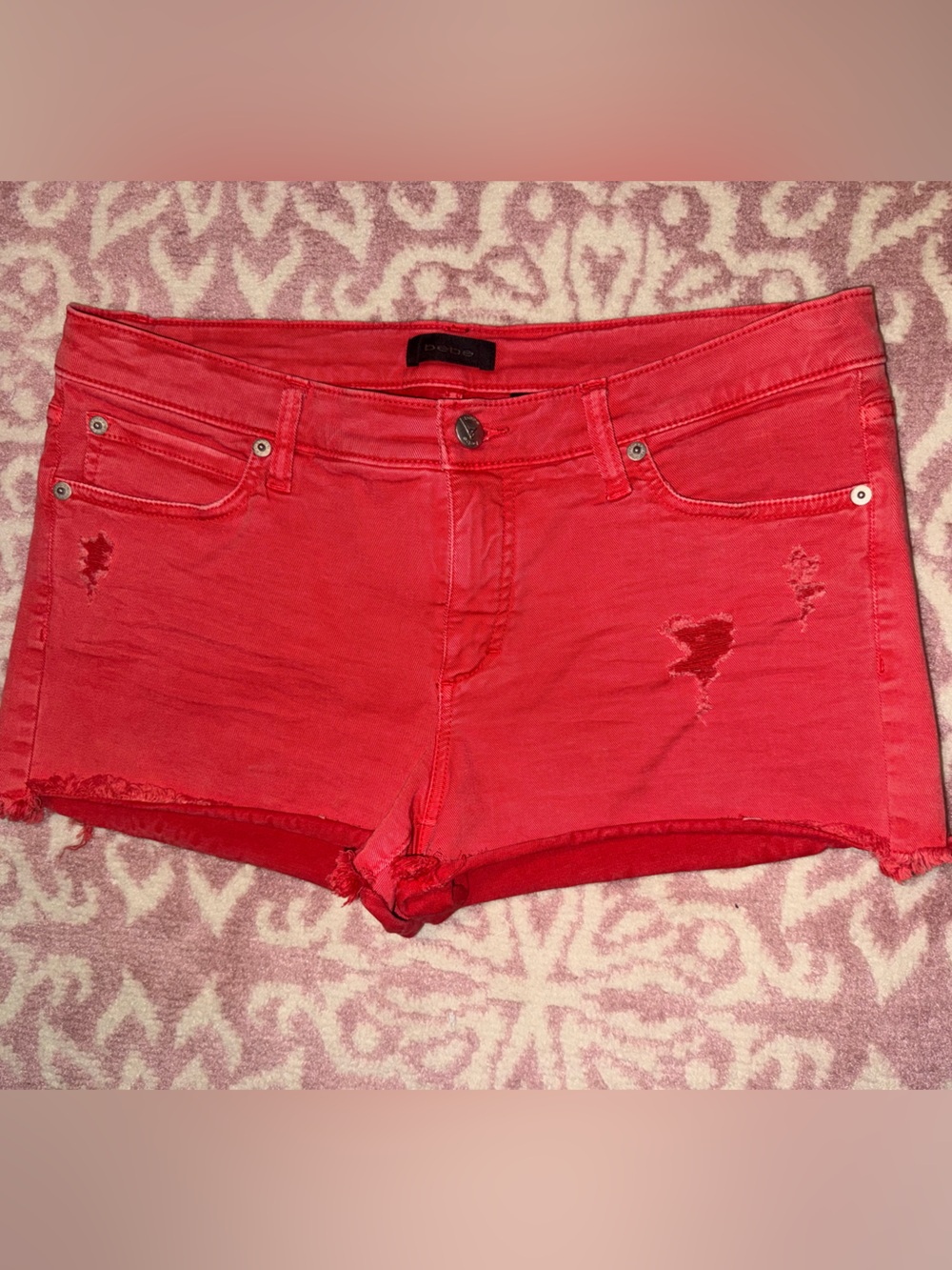Bebe Red Distressed Denim Cutoff Shorts Size 31